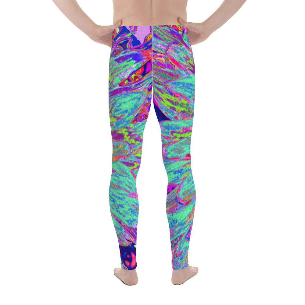 Men's Leggings, Aquamarine Rainbow Color Abstract Dahlia Flower