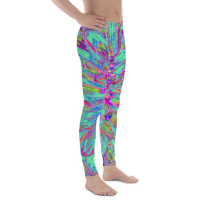 Men's Leggings, Aquamarine Rainbow Color Abstract Dahlia Flower