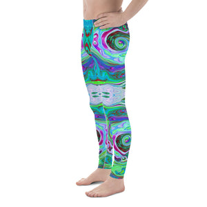 Men's Leggings, Retro Green, Red and Magenta Abstract Groovy Swirl