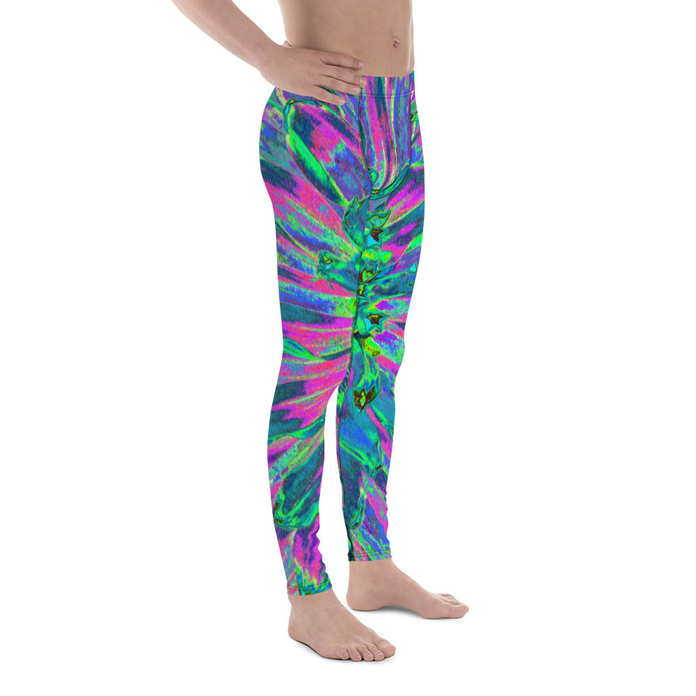 Men's Leggings, Psychedelic Magenta, Aqua and Lime Green Dahlia