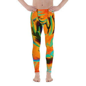 Men's Leggings, Aquamarine and Orange Succulent Sedum Rosette