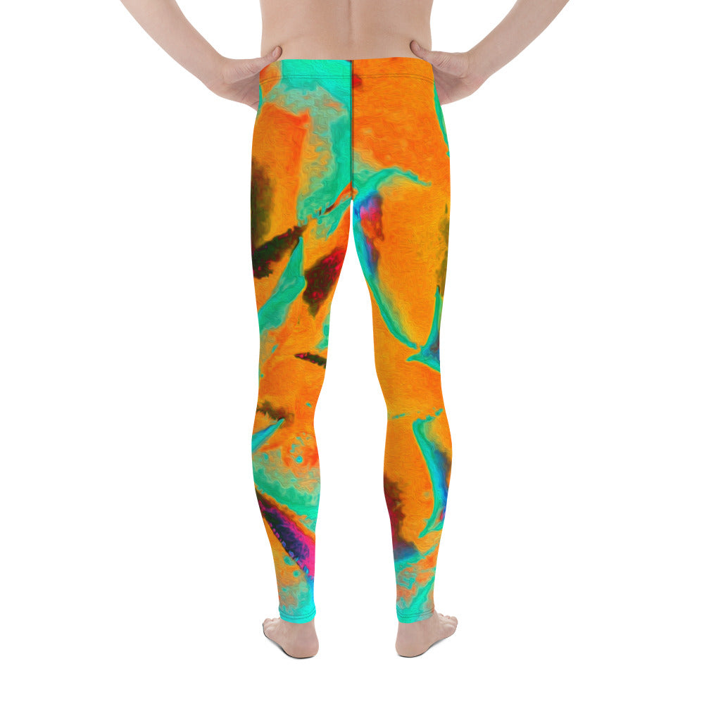 Men's Leggings, Aquamarine and Orange Succulent Sedum Rosette