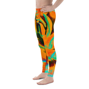 Men's Leggings, Aquamarine and Orange Succulent Sedum Rosette