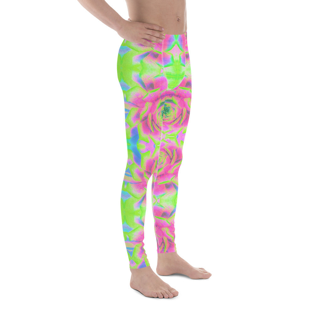 Men's Leggings, Sedum Rosette Pattern in Lime Green and Pink