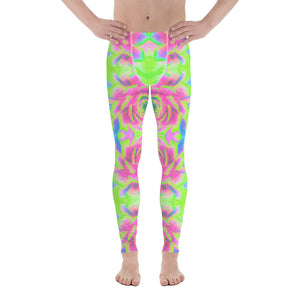 Men's Leggings, Sedum Rosette Pattern in Lime Green and Pink