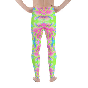 Men's Leggings, Sedum Rosette Pattern in Lime Green and Pink