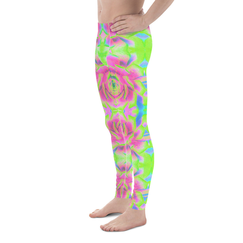 Men's Leggings, Sedum Rosette Pattern in Lime Green and Pink