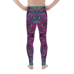 Colorful Men's Leggings, Abstract Magenta and Teal Blue Groovy Retro Pattern