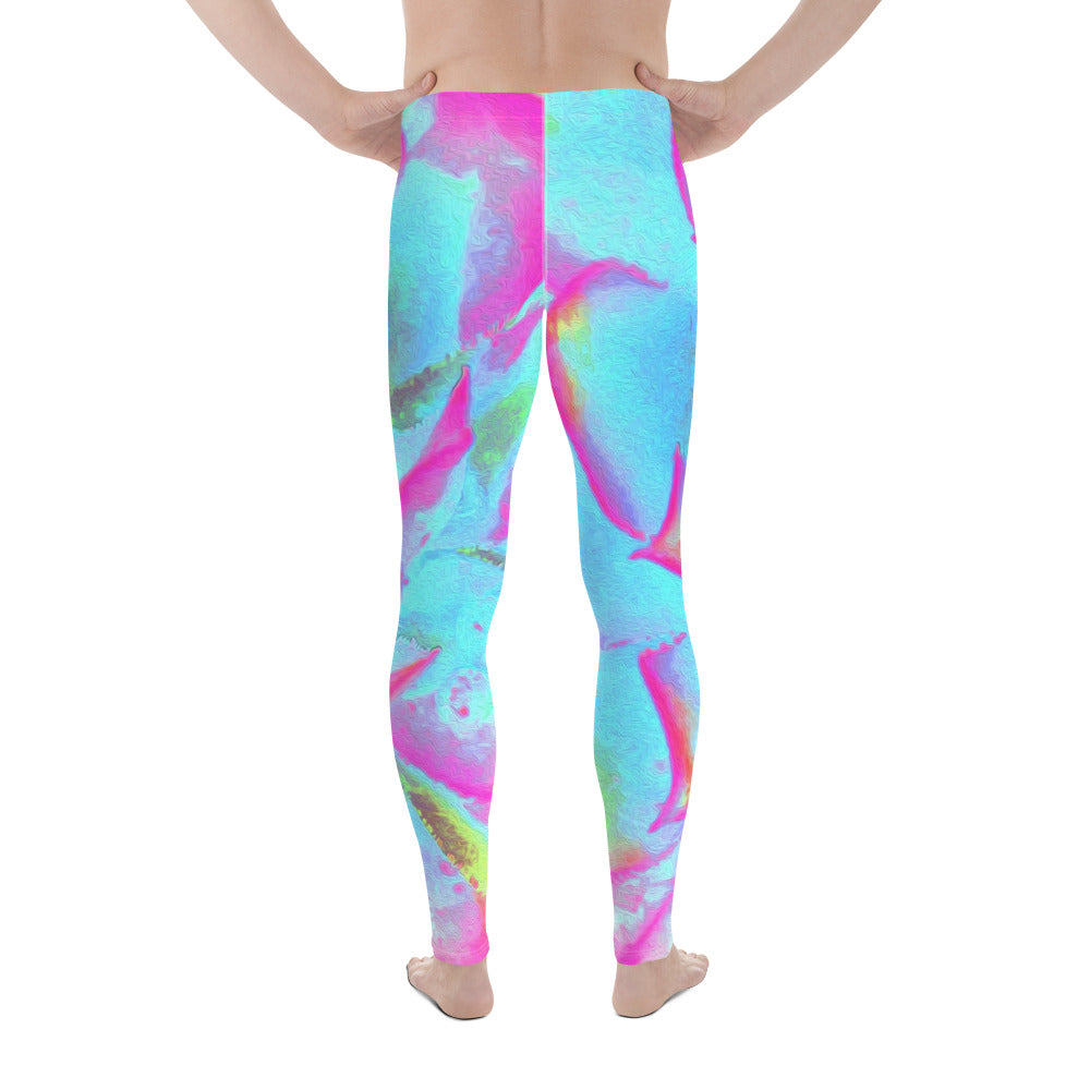 Colorful Men's Leggings, Hot Pink and Blue Succulent Sedum Rosette