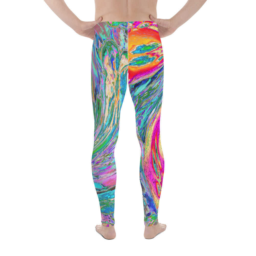 Colorful Men's Leggings, Abstract Floral Psychedelic Rainbow Waves of Color