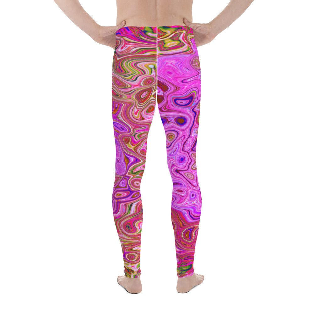 Colorful Men's Leggings, Hot Pink Marbled Colors Abstract Retro Swirl