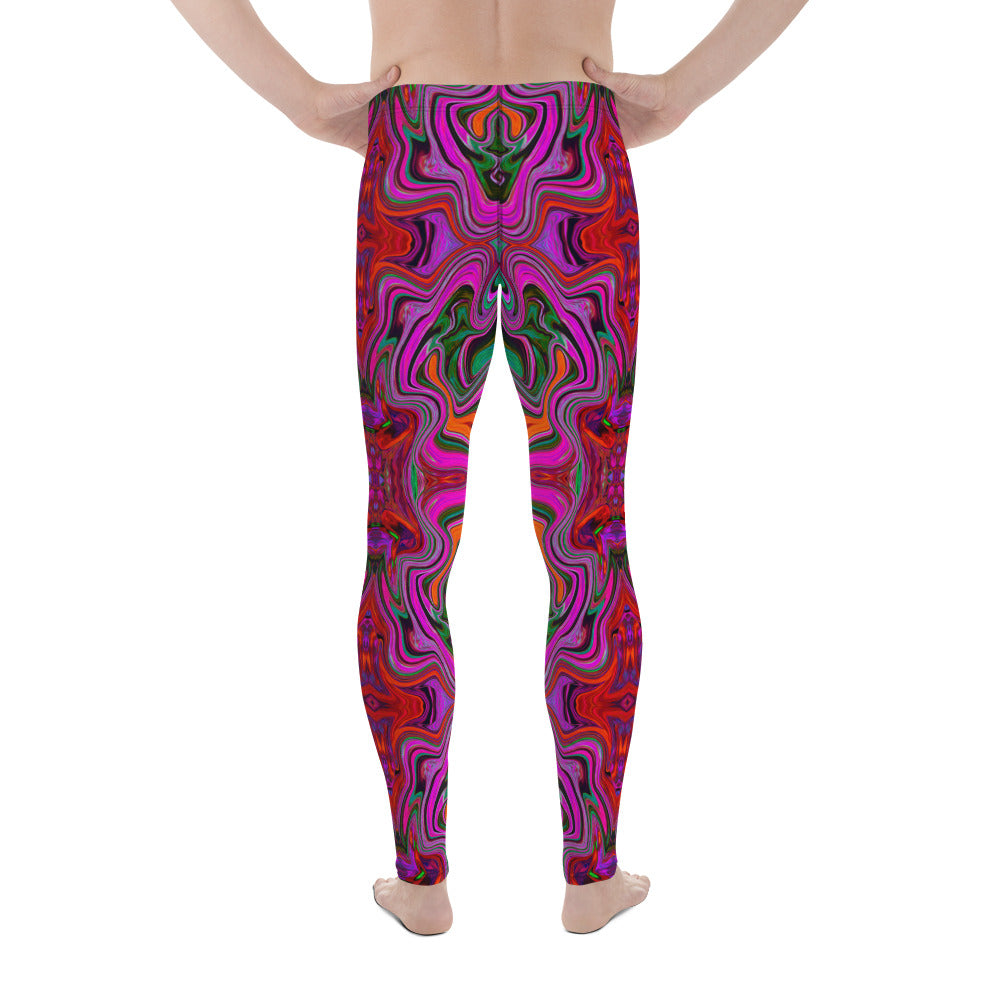 Men's Leggings, Cool Trippy Magenta, Red and Green Wavy Pattern