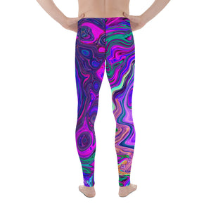 Men's Leggings, Groovy Abstract Retro Magenta and Purple Swirl