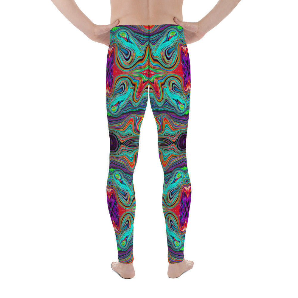 Men's Leggings, Wavy Sea Foam Green and Red Trippy Pattern