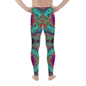 Men's Leggings, Wavy Sea Foam Green and Red Trippy Pattern
