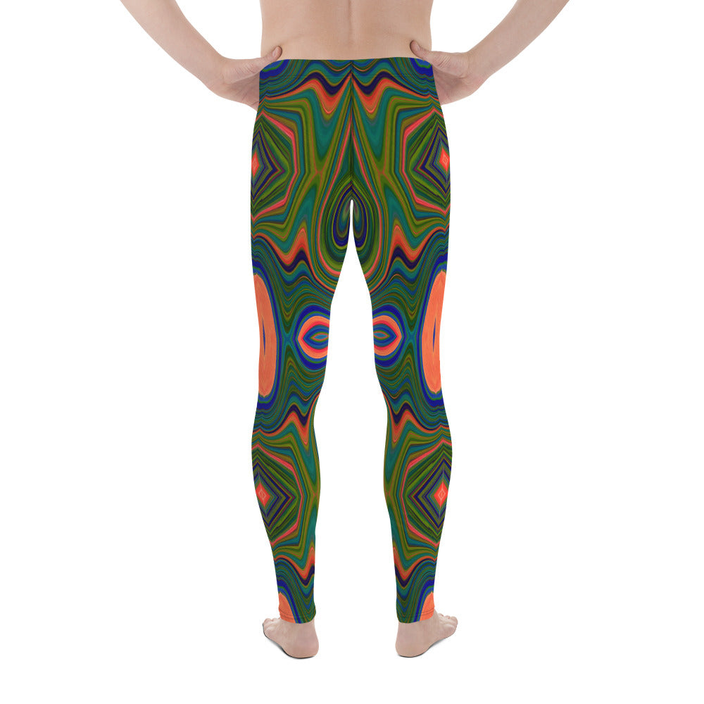 Men's Leggings, Retro Abstract Blue, Green and Orange Pattern