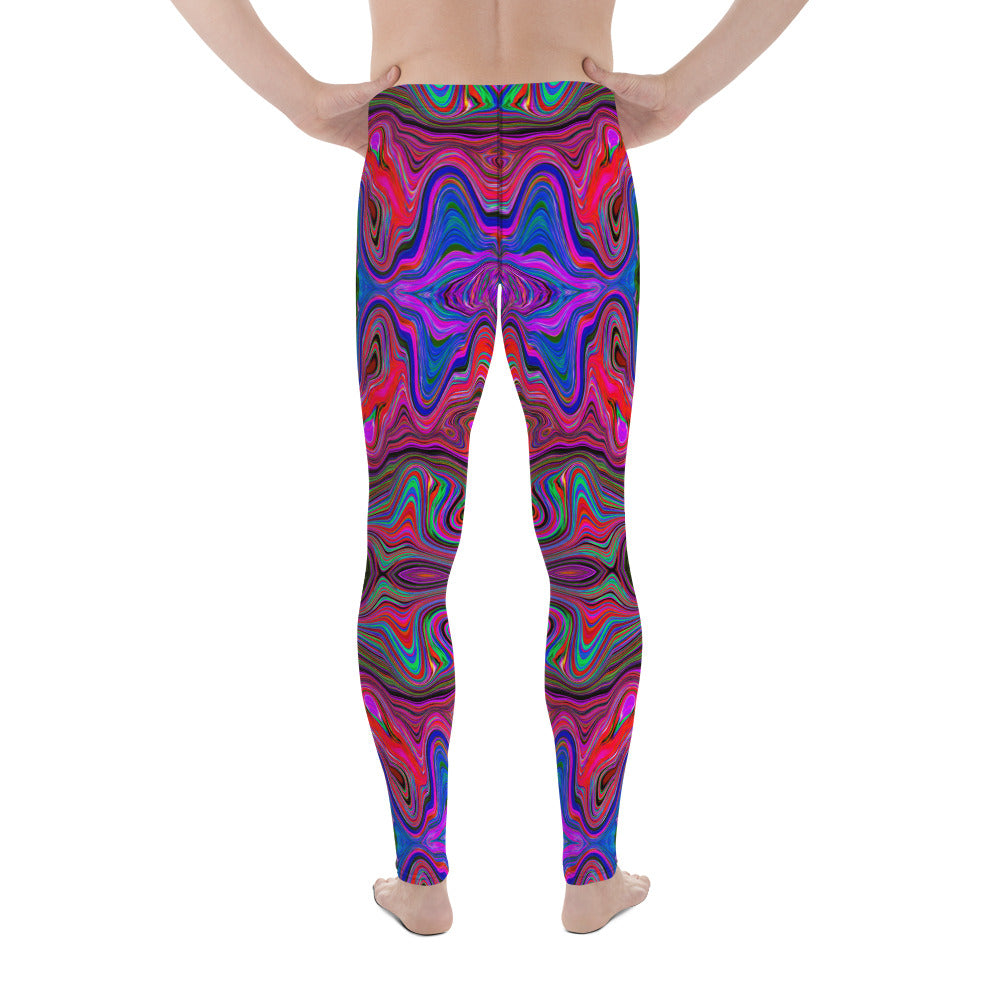 Men's Leggings, Wavy Blue and Rainbow Red Trippy Pattern