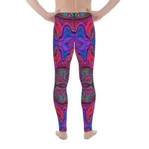 Men's Leggings, Wavy Blue and Rainbow Red Trippy Pattern