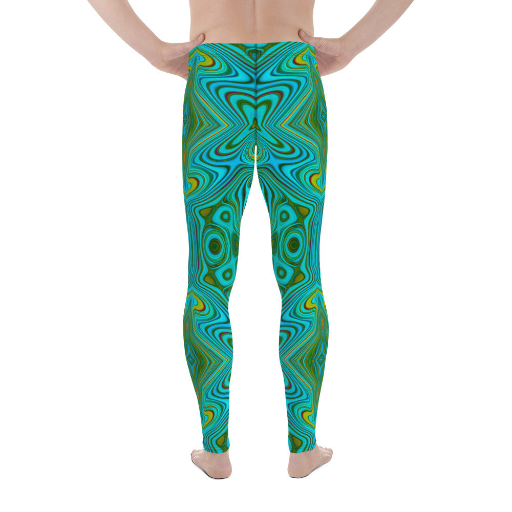 Men's Leggings, Trippy Retro Turquoise Chartreuse Abstract Pattern