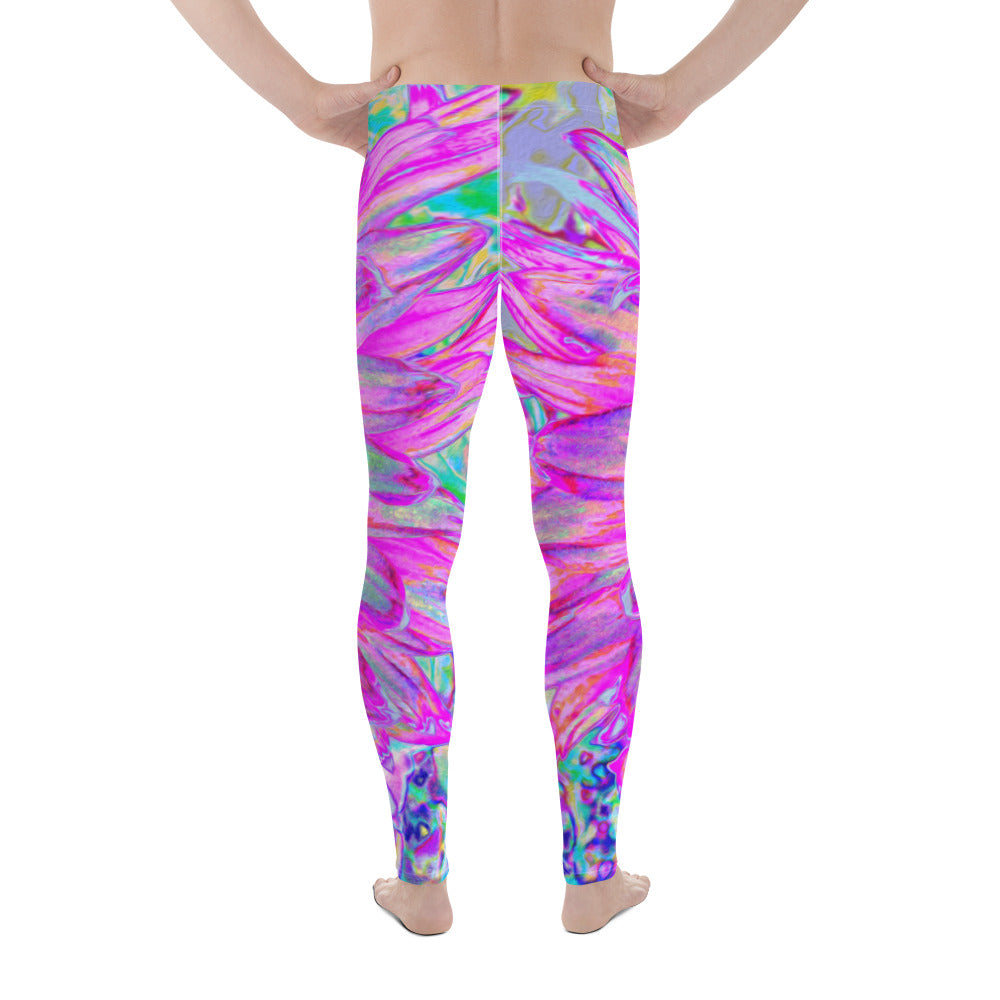 Men's Leggings, Cool Pink Blue and Purple Artsy Dahlia Bloom