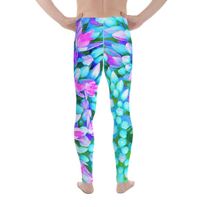 Men's Leggings, Blue and Hot Pink Succulent Sedum Flowers Detail