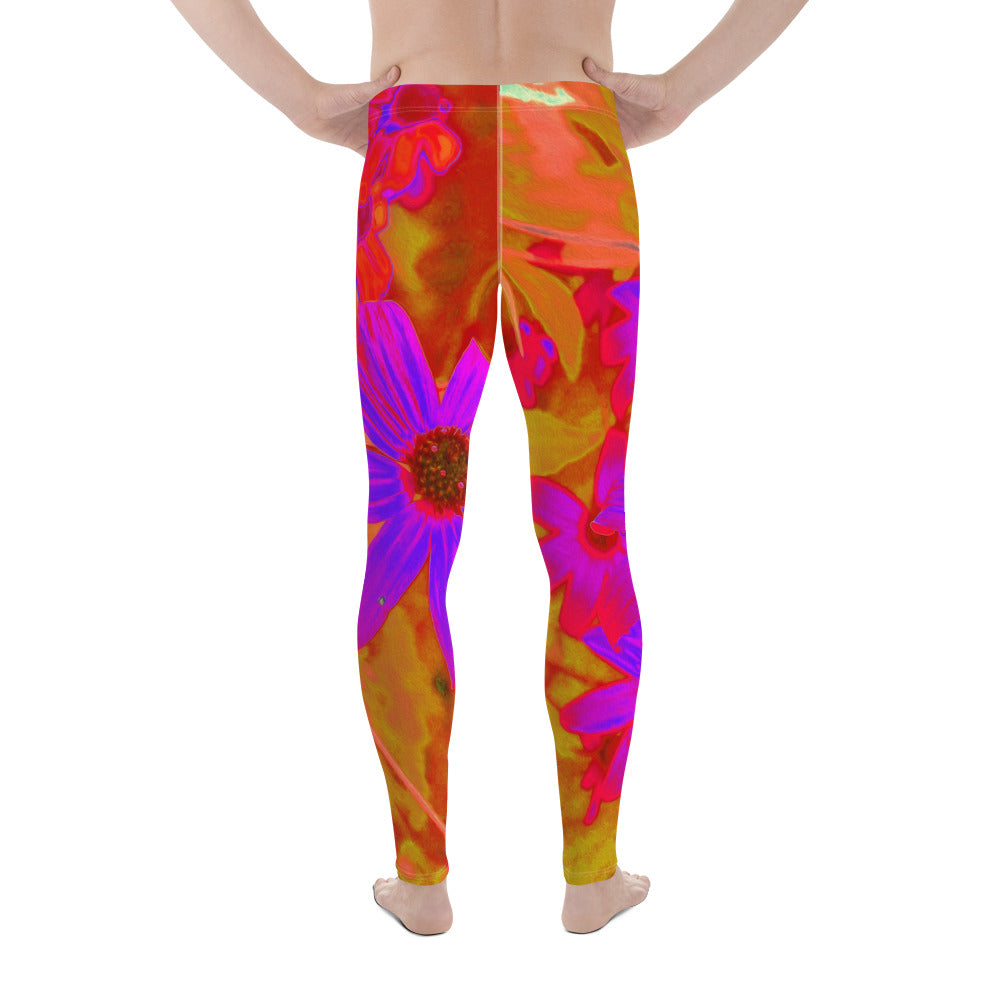 Men's Leggings, Colorful Ultra-Violet, Magenta and Red Wildflowers