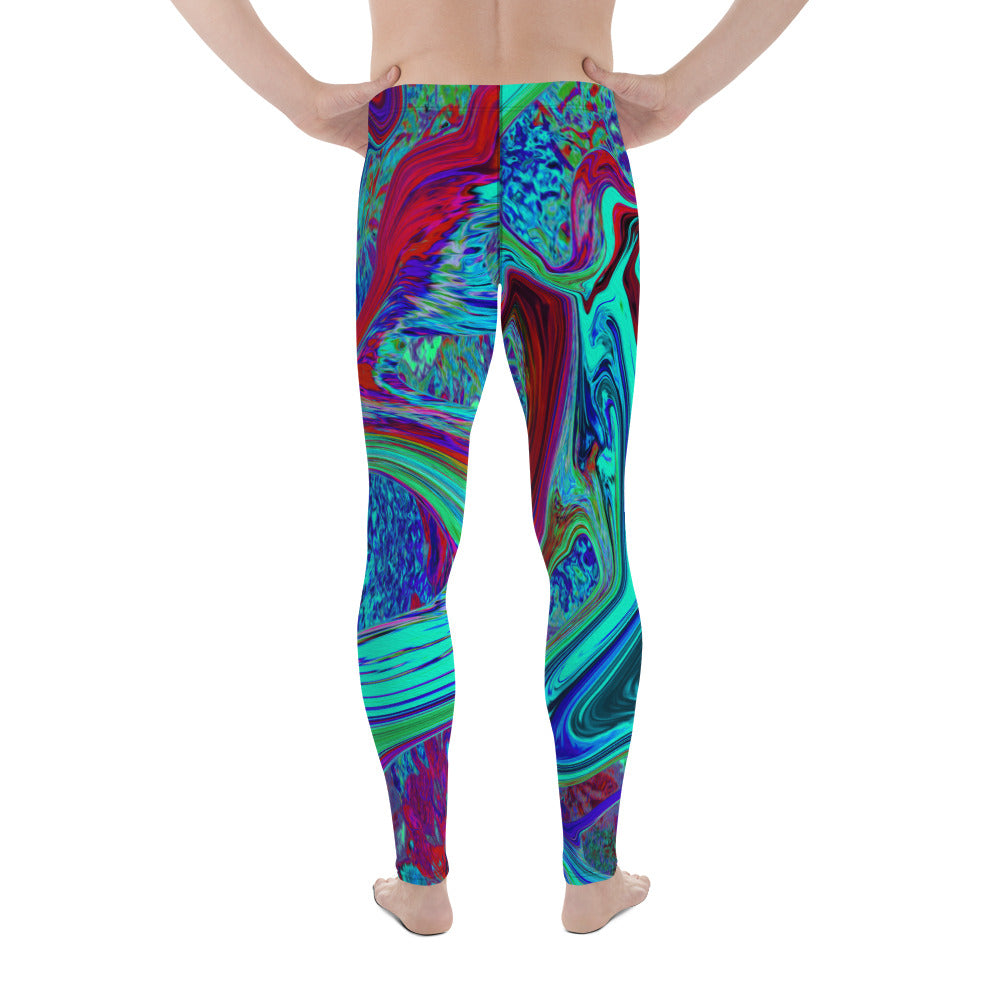Men's Leggings, Groovy Abstract Retro Art in Blue and Red