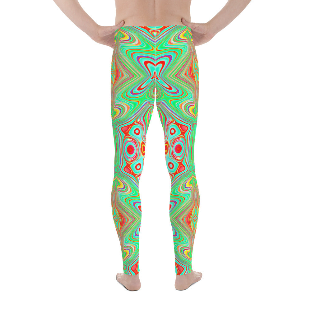 Men's Leggings, Trippy Retro Orange and Lime Green Abstract Pattern