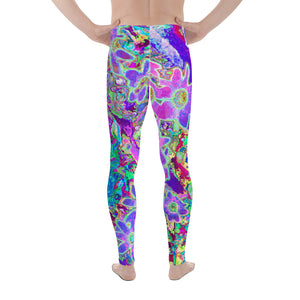 Men's Leggings, Trippy Abstract Pink and Purple Flowers