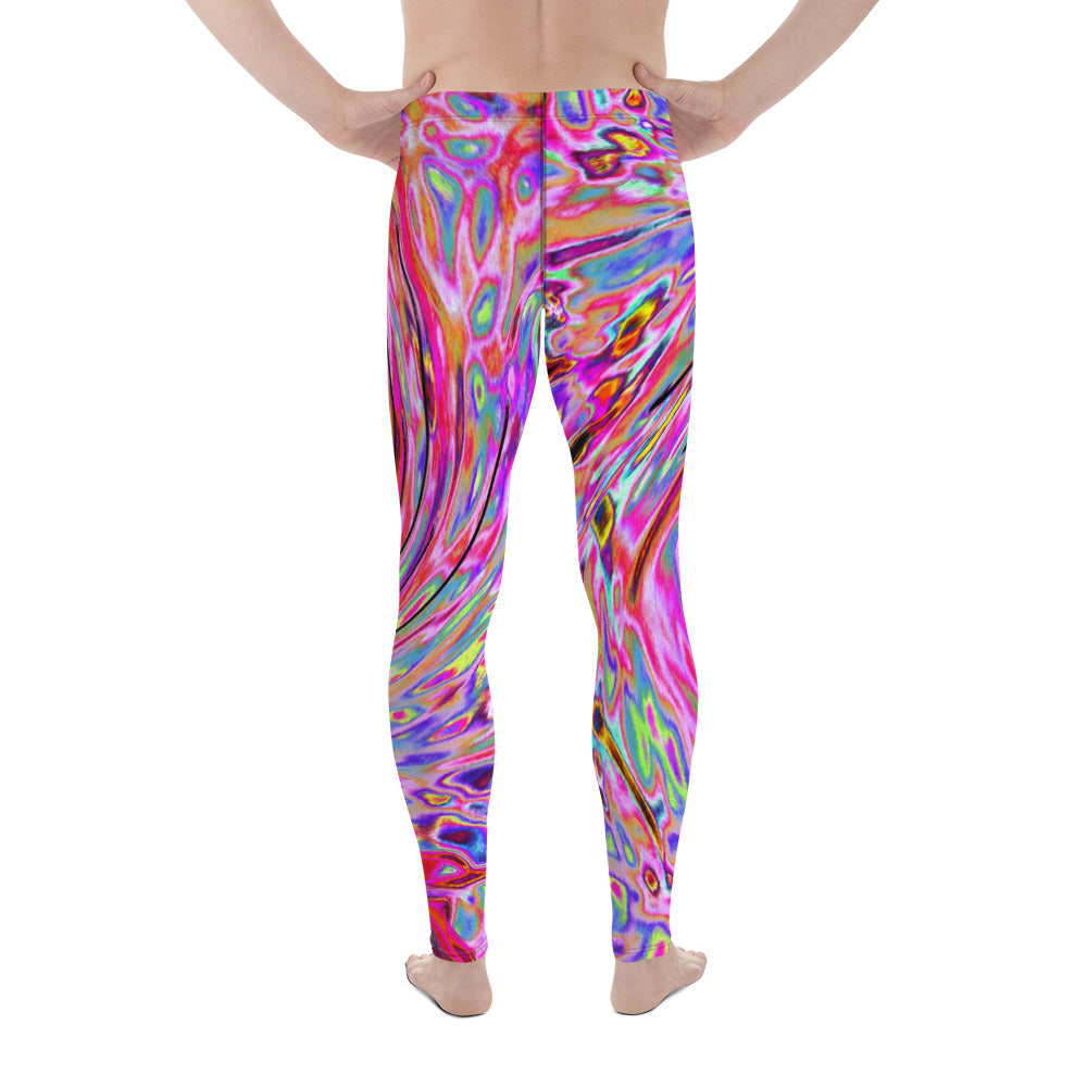 Men's Leggings, Cool Abstract Retro Hot Pink and Red Floral Swirl