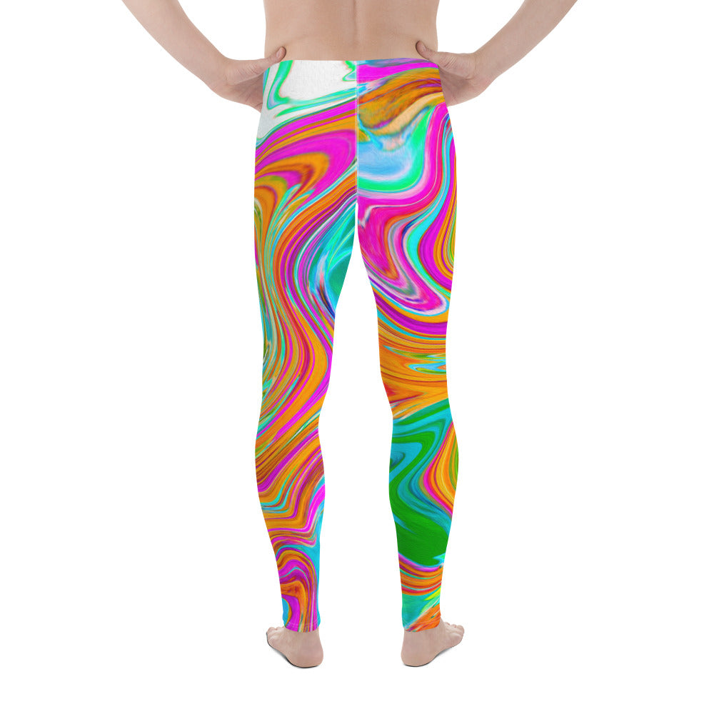 Men's Leggings, Blue, Orange and Hot Pink Groovy Abstract Retro Art