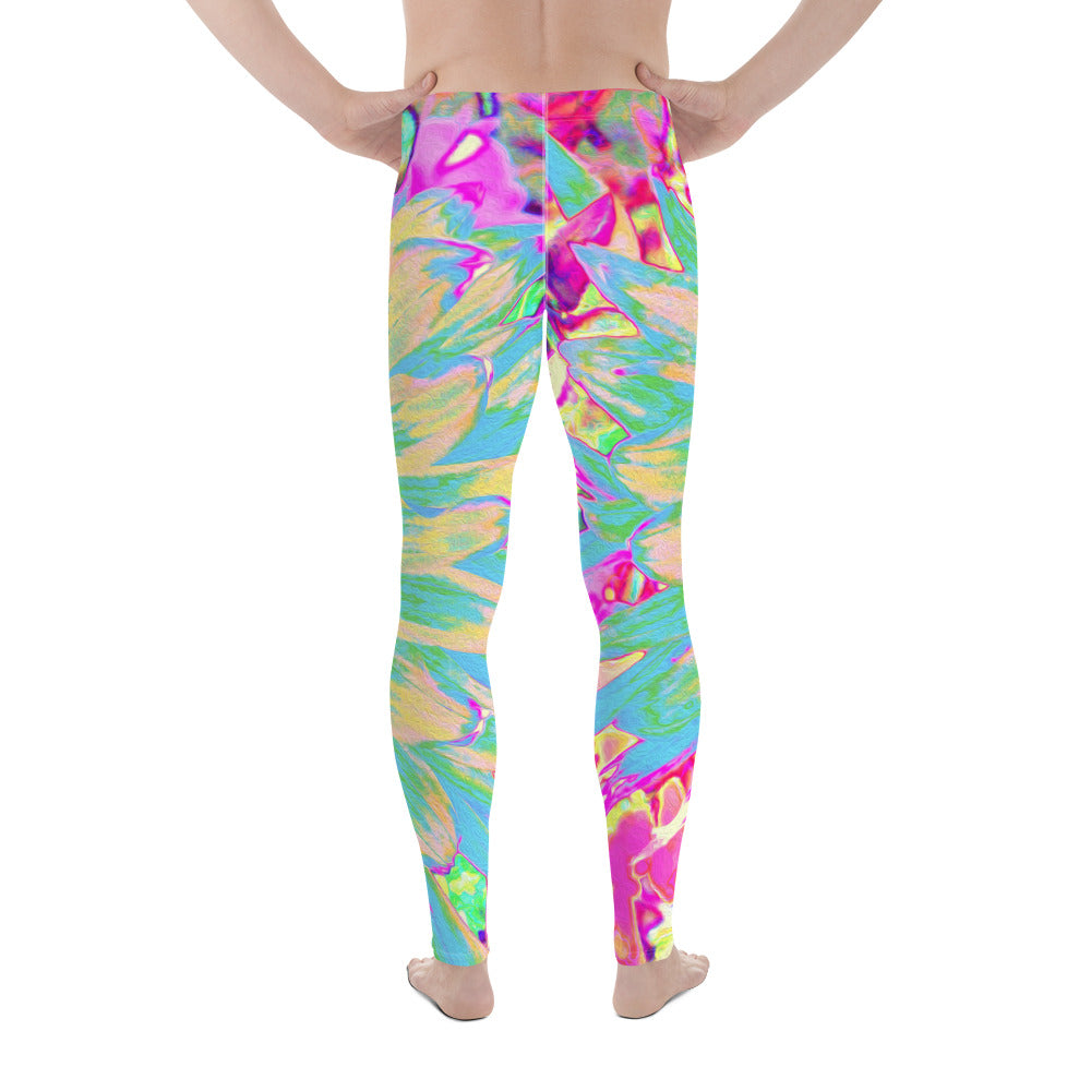 Men's Leggings, Decorative Teal Green and Hot Pink Dahlia Flower