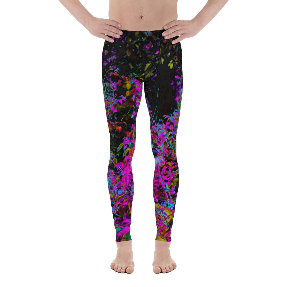 Men's Leggings, Psychedelic Hot Pink and Black Garden Sunrise