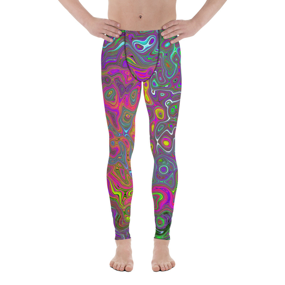 Men's Leggings, Trippy Hot Pink Abstract Retro Liquid Swirl