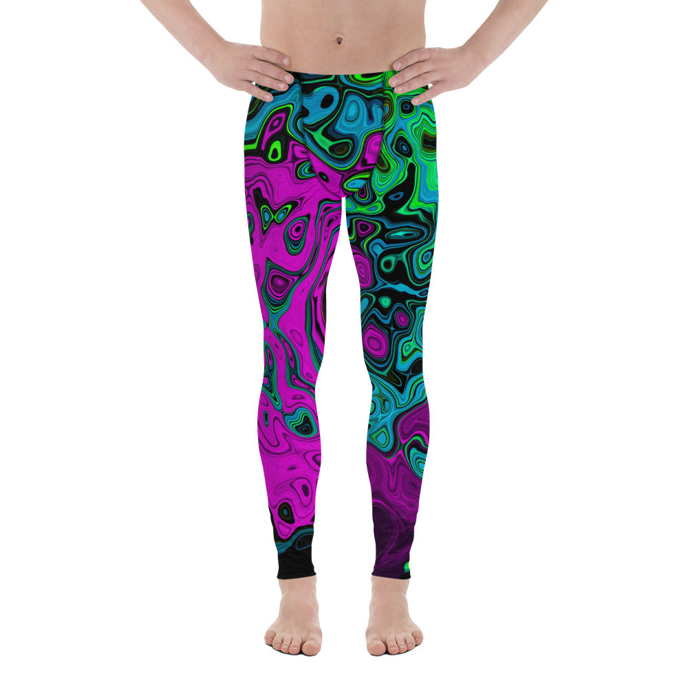 Colorful Trippy Men's Leggings, Bold Magenta Abstract Groovy Liquid Art Swirl