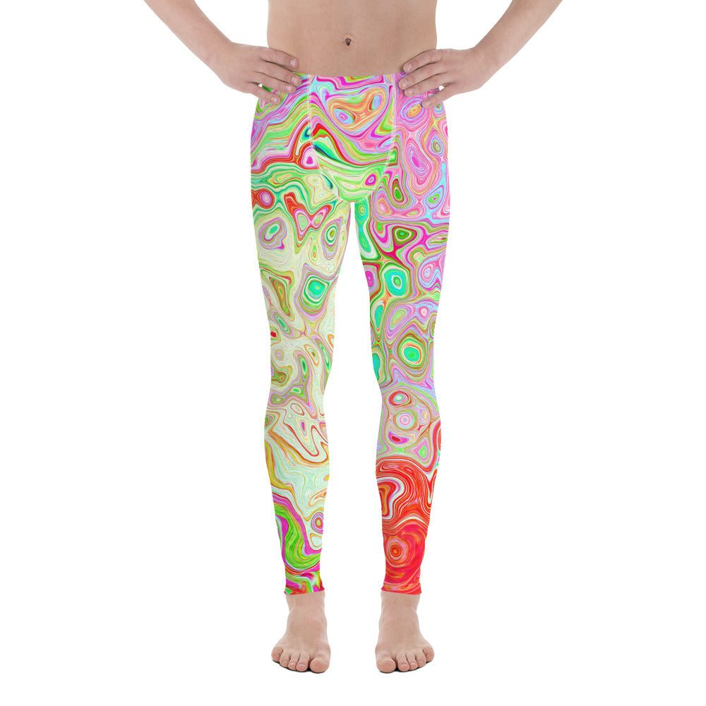 Colorful Men's Leggings, Groovy Abstract Retro Pastel Green Liquid Swirl