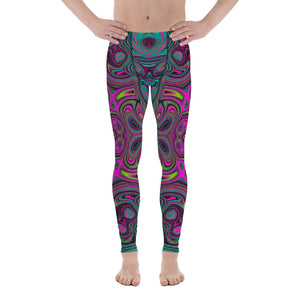 Colorful Men's Leggings, Abstract Magenta and Teal Blue Groovy Retro Pattern