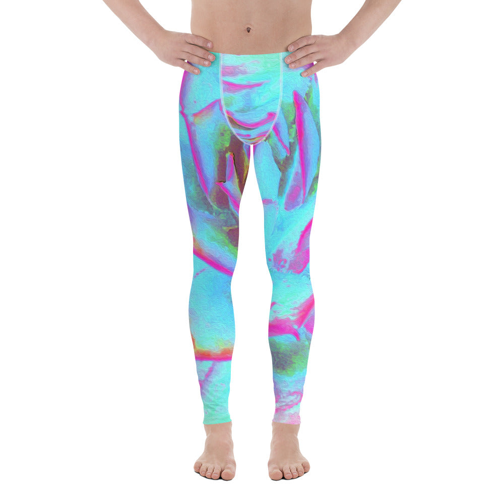 Colorful Men's Leggings, Hot Pink and Blue Succulent Sedum Rosette