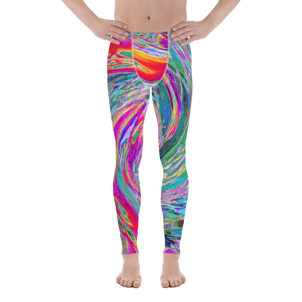 Colorful Men's Leggings, Abstract Floral Psychedelic Rainbow Waves of Color