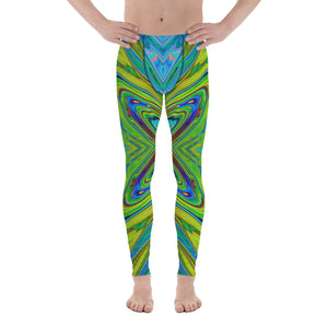 Men's Leggings, Trippy Chartreuse and Blue Abstract Butterfly