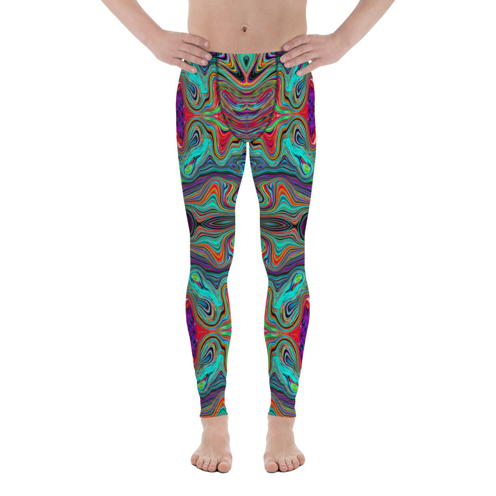 Men's Leggings, Wavy Sea Foam Green and Red Trippy Pattern