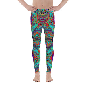Men's Leggings, Wavy Sea Foam Green and Red Trippy Pattern