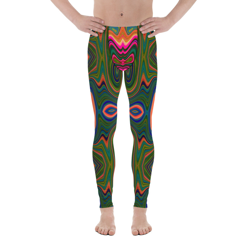 Men's Leggings, Retro Abstract Blue, Green and Orange Pattern