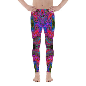 Men's Leggings, Wavy Blue and Rainbow Red Trippy Pattern