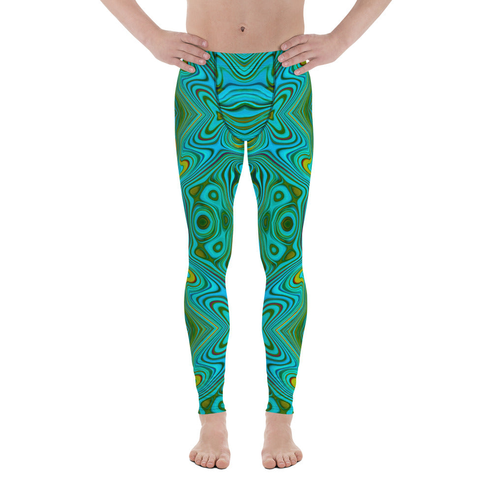 Men's Leggings, Trippy Retro Turquoise Chartreuse Abstract Pattern