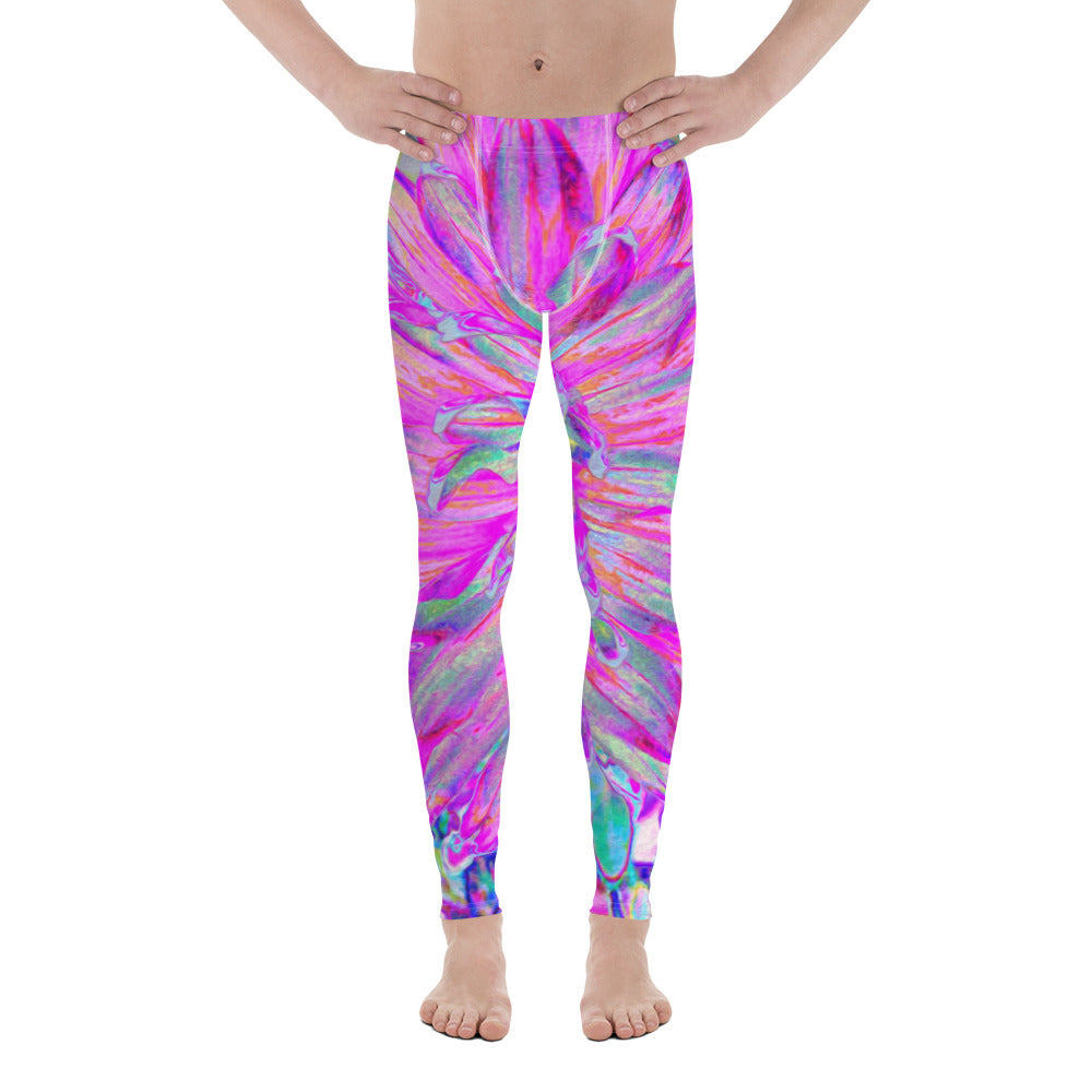 Men's Leggings, Cool Pink Blue and Purple Artsy Dahlia Bloom