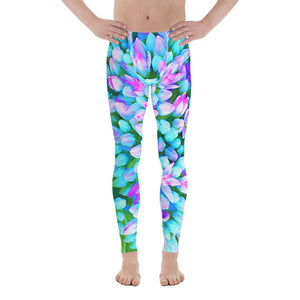 Men's Leggings, Blue and Hot Pink Succulent Sedum Flowers Detail