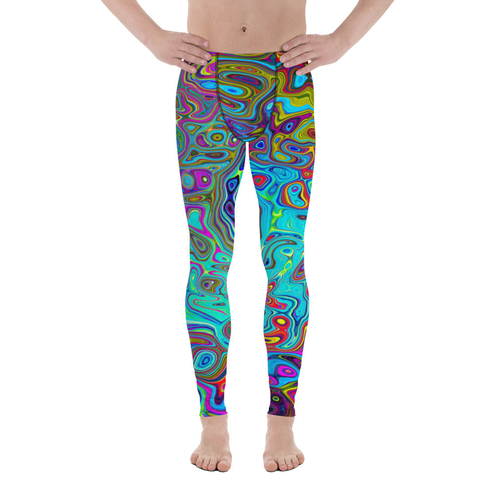 Men's Leggings, Trippy Sky Blue Abstract Retro Liquid Swirl