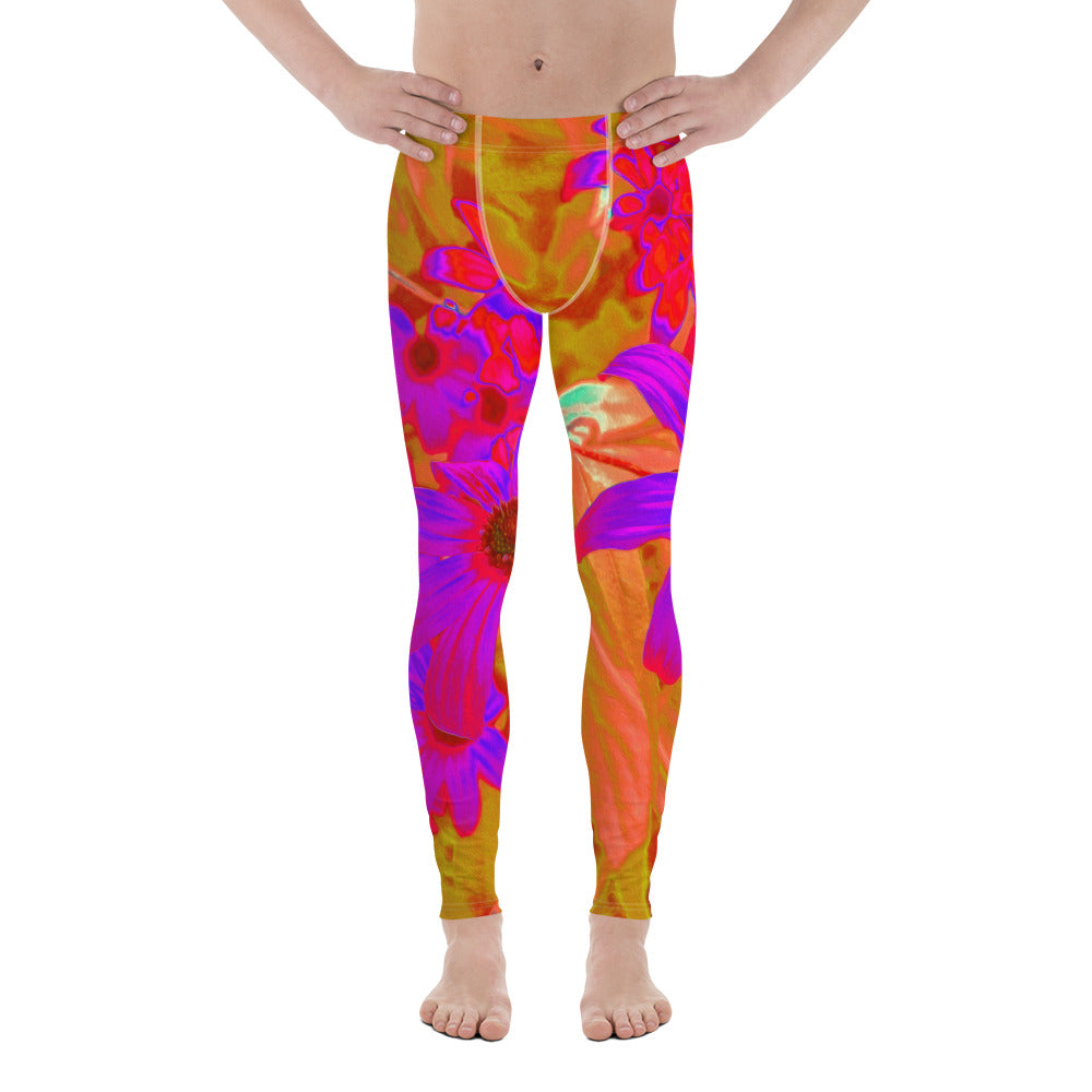 Men's Leggings, Colorful Ultra-Violet, Magenta and Red Wildflowers