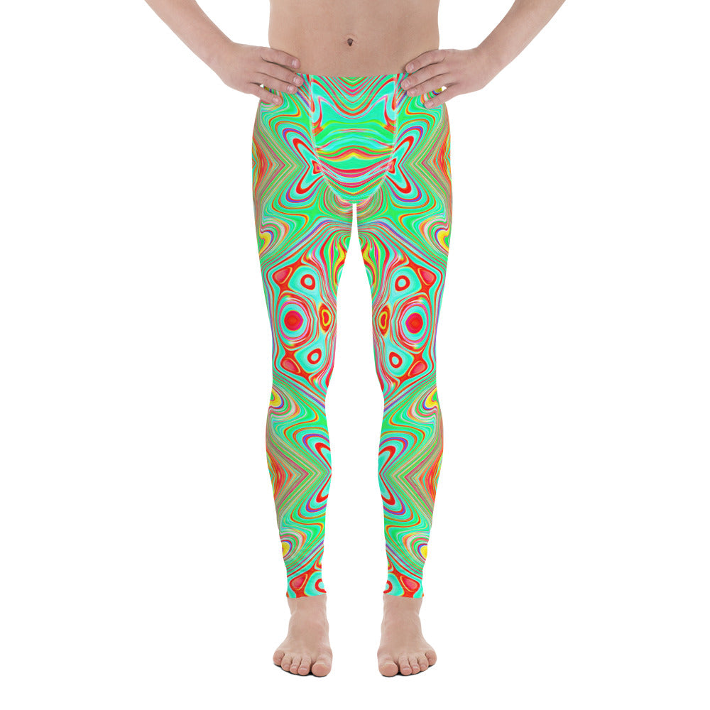 Men's Leggings, Trippy Retro Orange and Lime Green Abstract Pattern